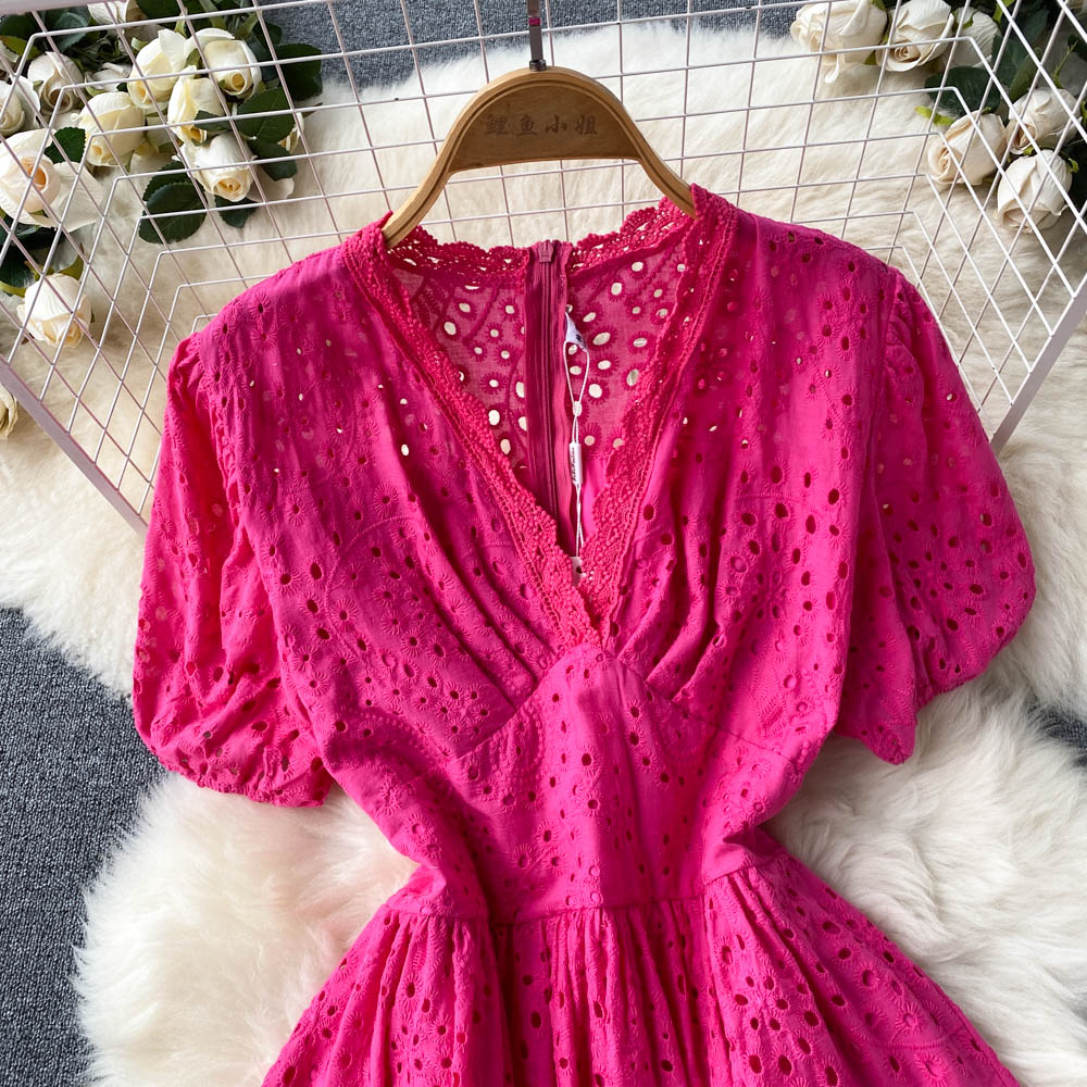 Hollow lace puff sleeve V-neck slim dress for women