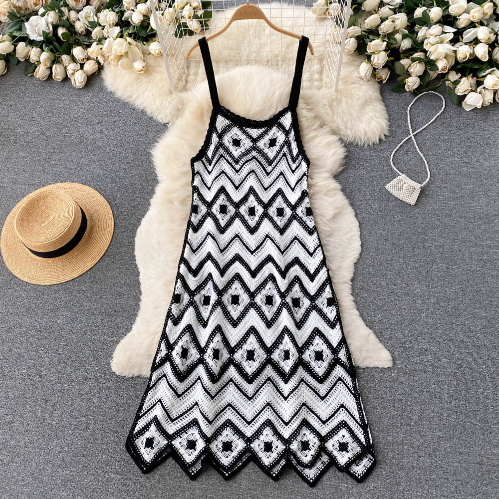 Summer hollow long dress knitted sling dress