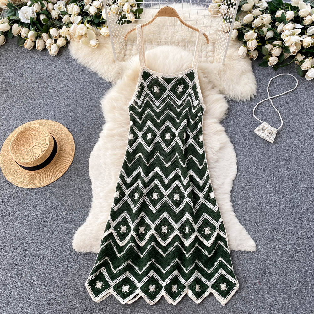 Summer hollow long dress knitted sling dress