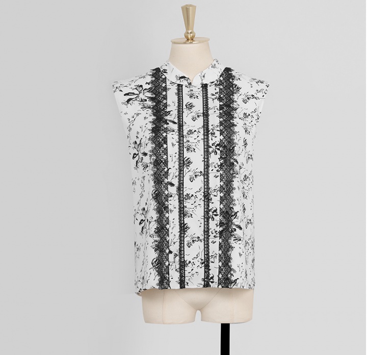 Sleeveless printing tops lace skirt 2pcs set