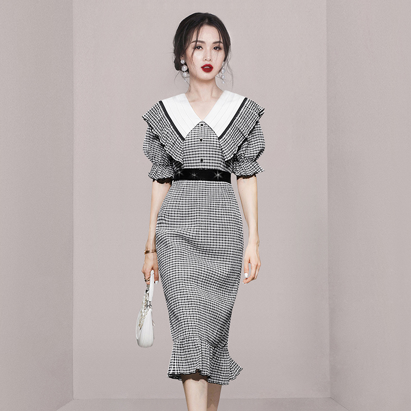 Lapel puff sleeve fungus pinched waist lace summer dress
