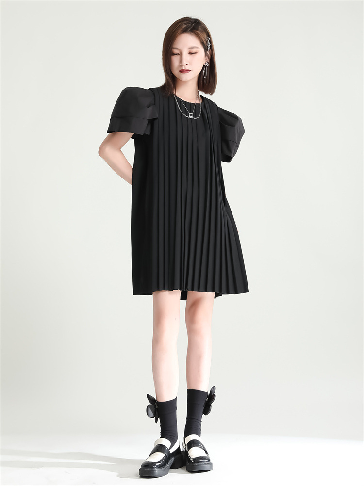Pleated France style loose summer dress for women