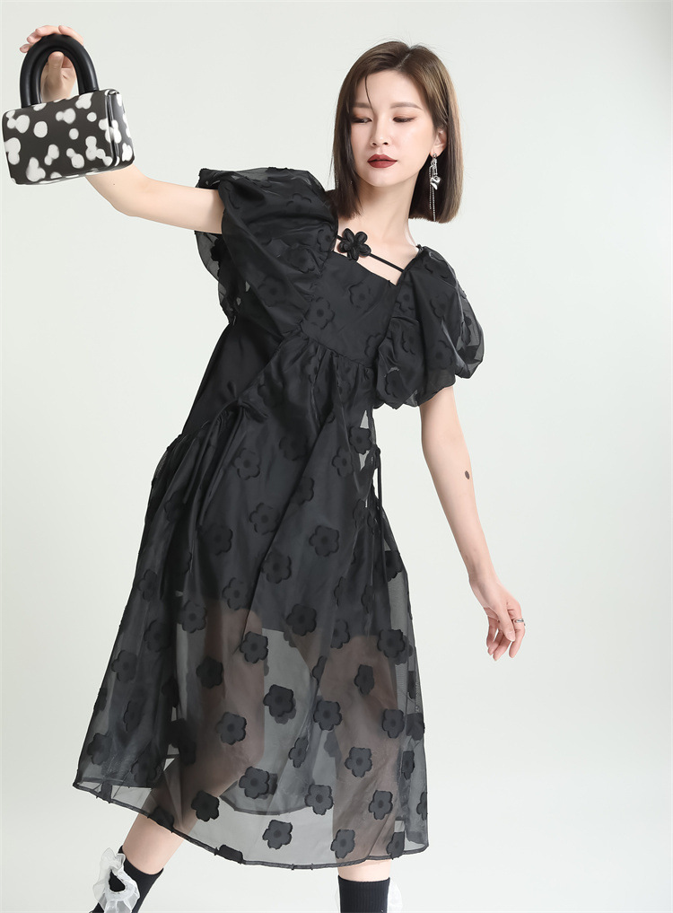 Jacquard maiden puff sleeve gauze long black dress