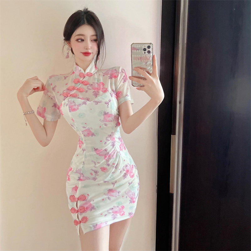 Retro printing cheongsam gauze slim dress