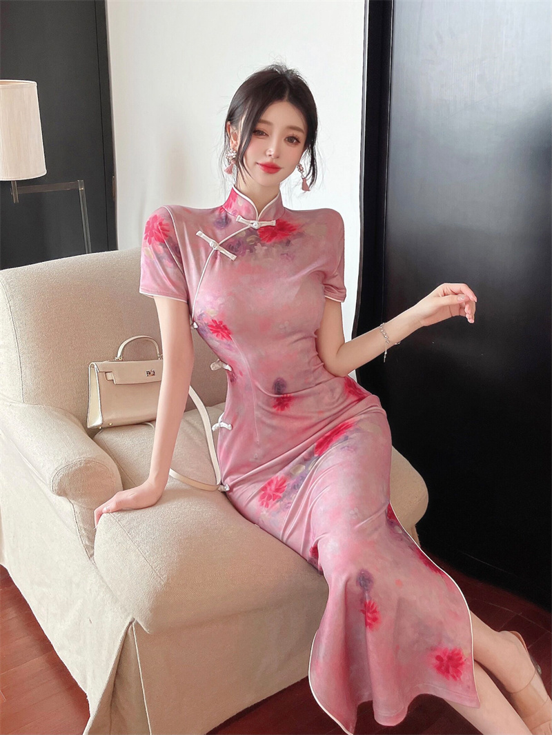 Summer long dress retro printing cheongsam