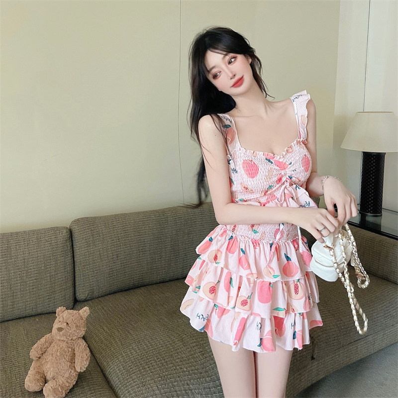 Sweet style sling tops printing summer skirt a set