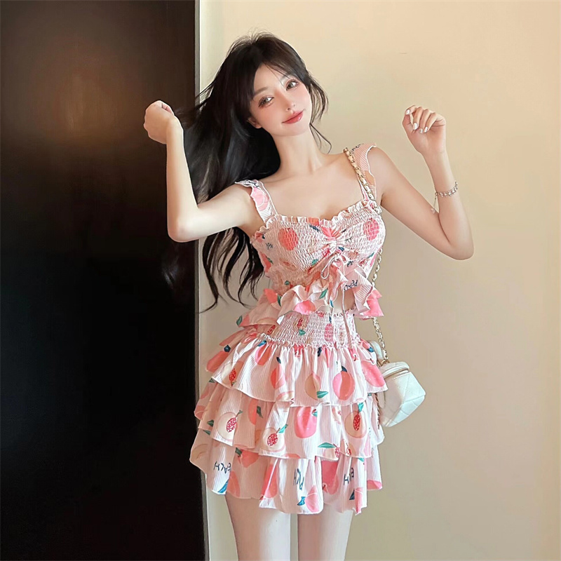 Sweet style sling tops printing summer skirt a set