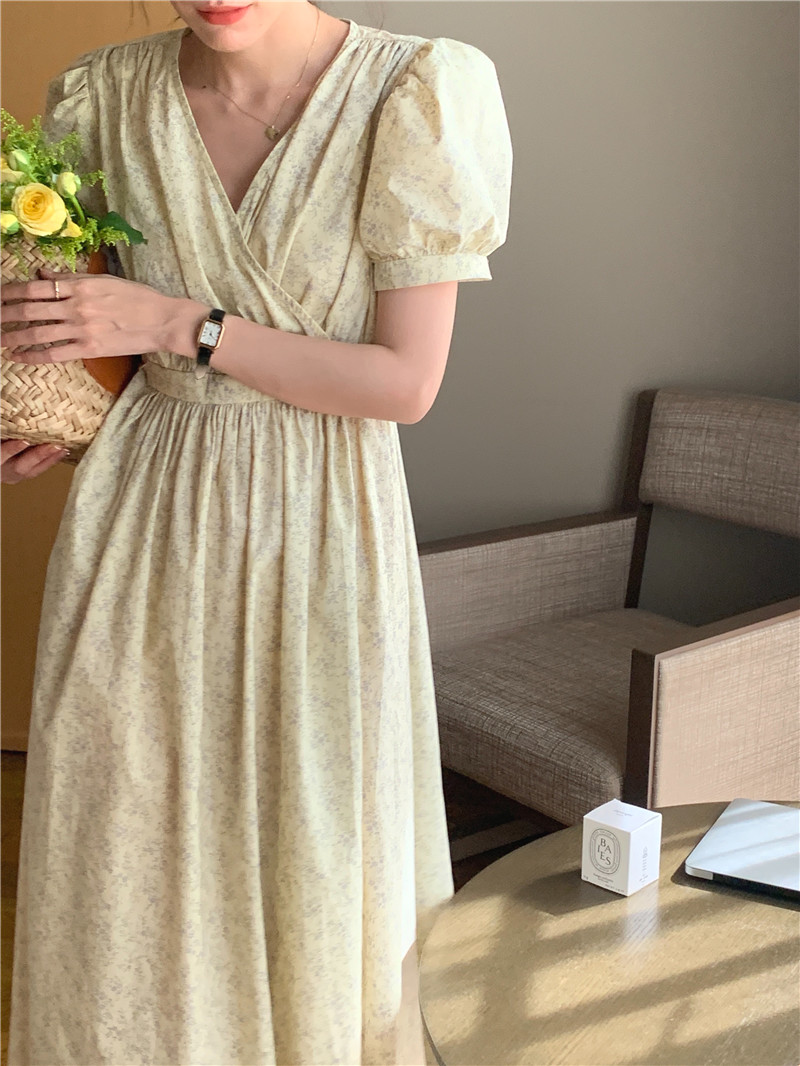 Short sleeve V-neck floral cotton retro frenum dress
