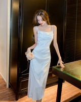 Split sexy pinched waist long dress white wrapped chest dress
