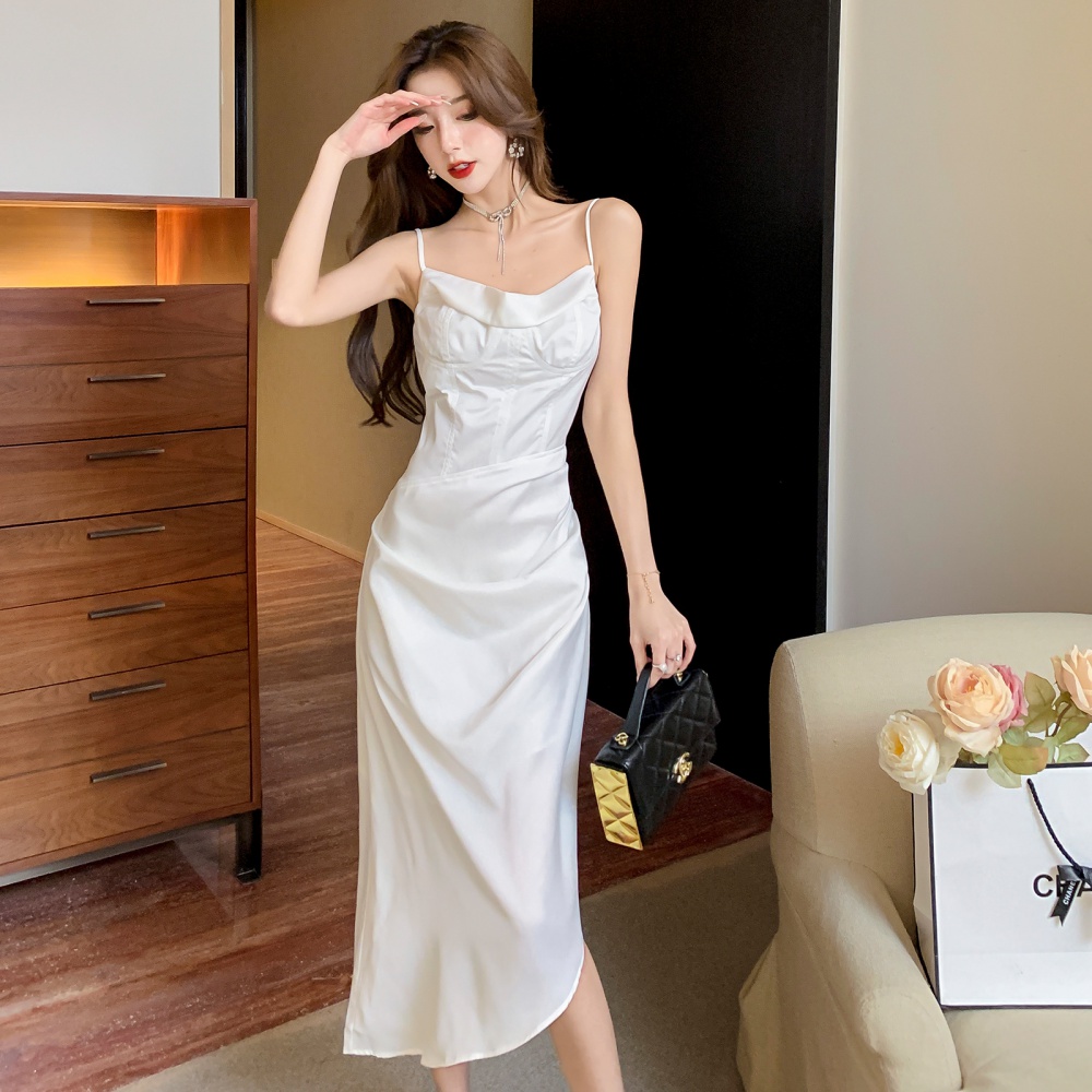 Split sexy pinched waist long dress white wrapped chest dress
