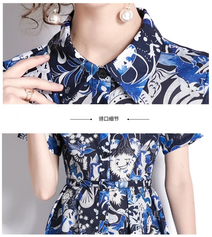 Printing with belt European style dress blue slim shirt