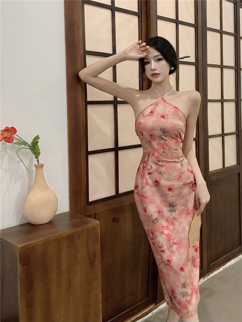 Slim painting Chinese style maiden halter retro dress