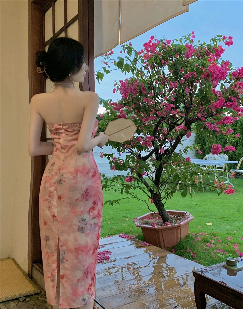 Slim painting Chinese style maiden halter retro dress
