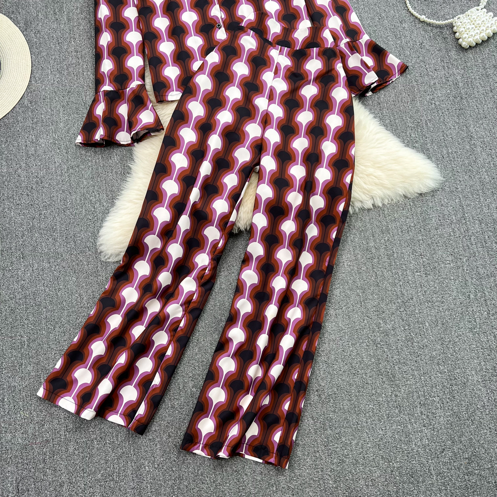 Printing shirt autumn wide leg pants 2pcs set for women