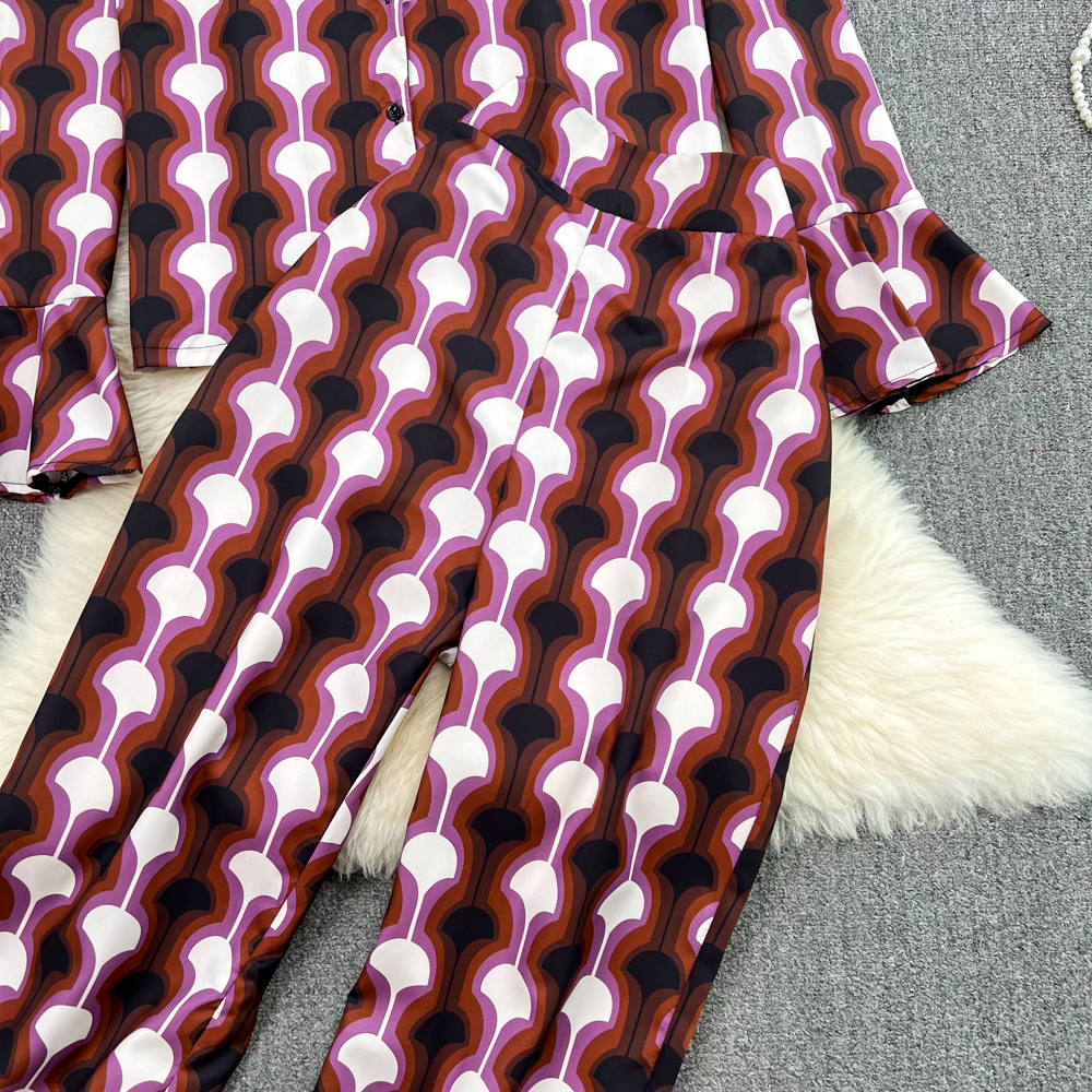Printing shirt autumn wide leg pants 2pcs set for women