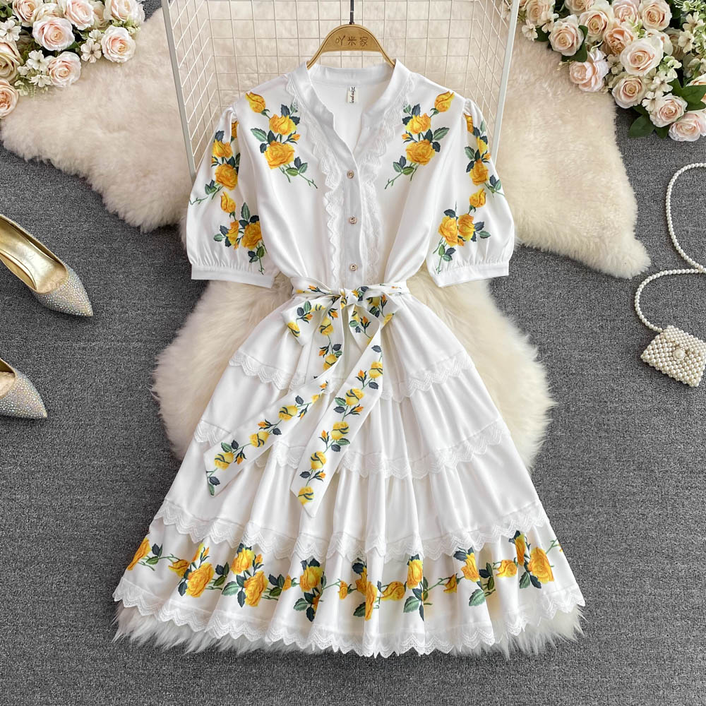 Summer bubble single-breasted pinched waist retro V-neck dress