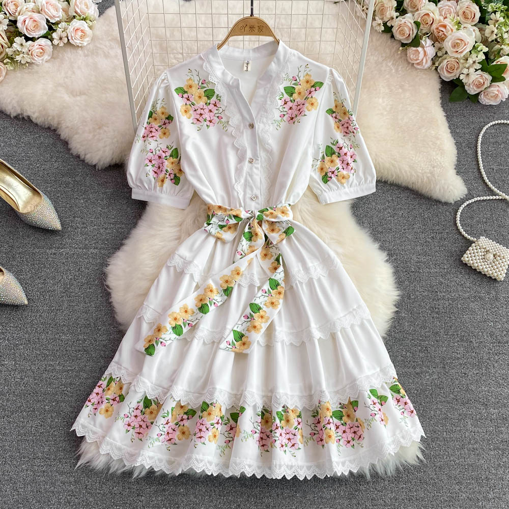 Summer bubble single-breasted pinched waist retro V-neck dress