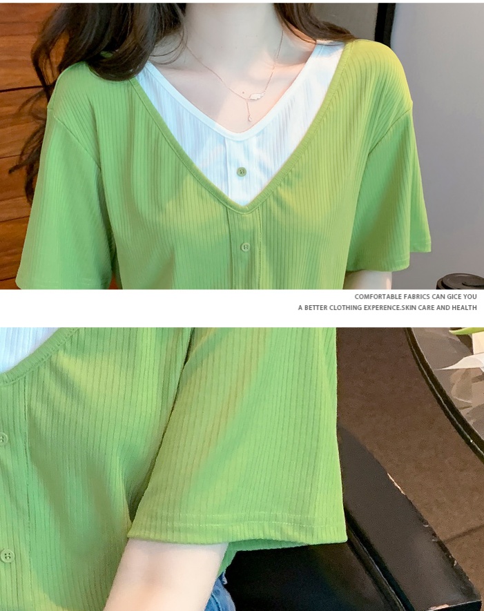 Pseudo-two splice tops green summer T-shirt for women