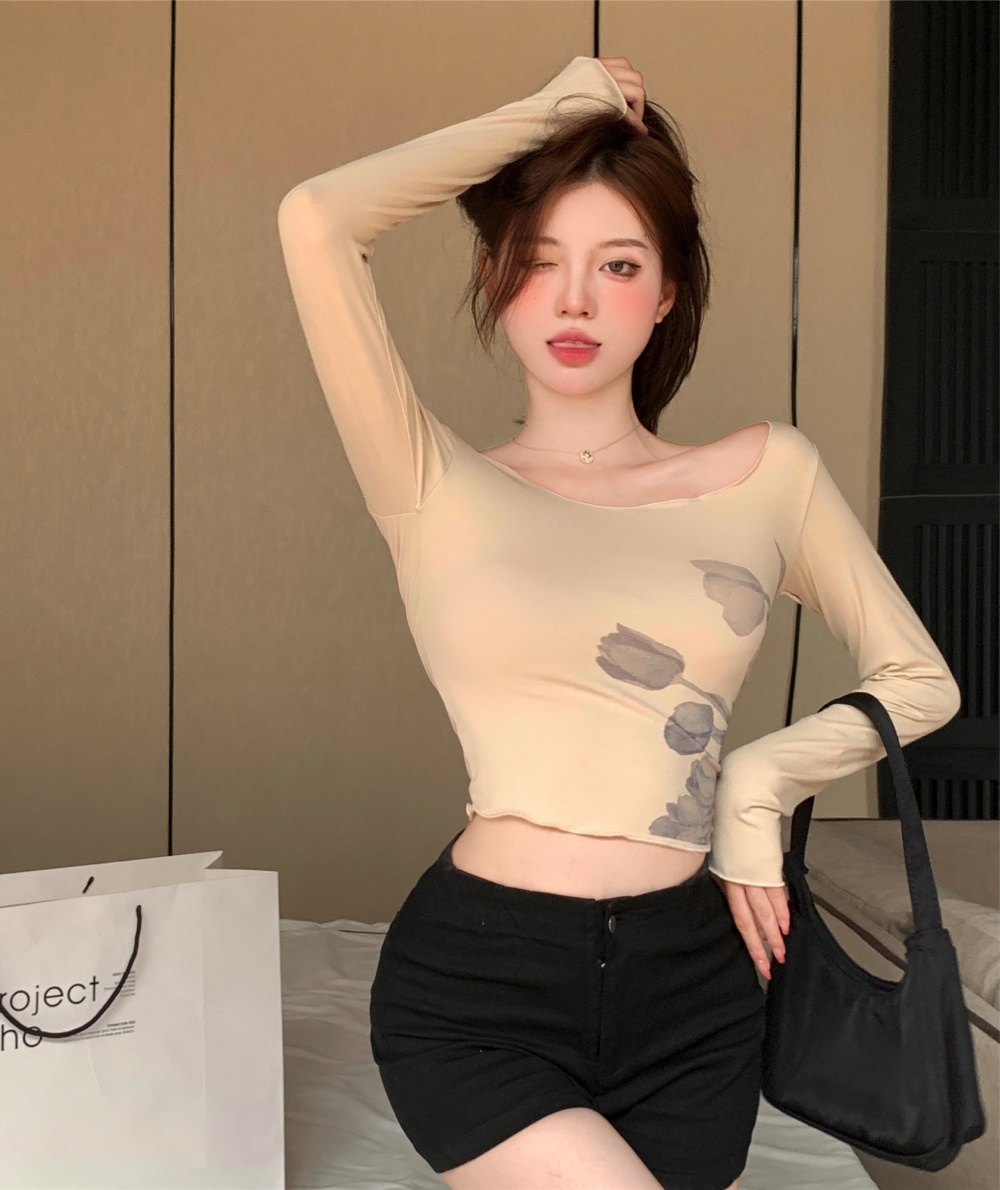 Long sleeve slim T-shirt printing tops for women