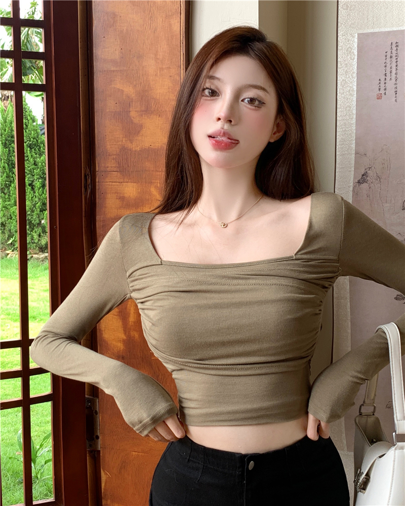 Fold cross tops long sleeve slim T-shirt for women