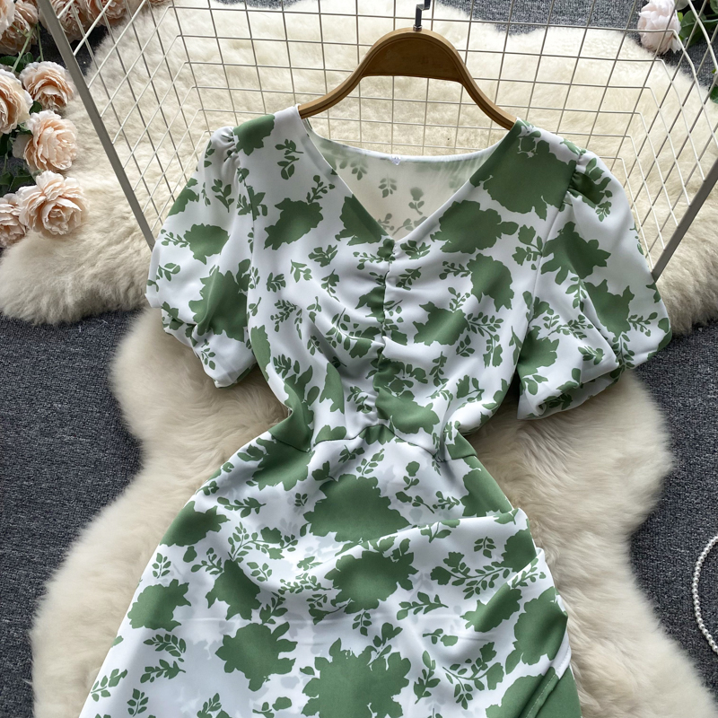 Floral puff sleeve split V-neck dress for women