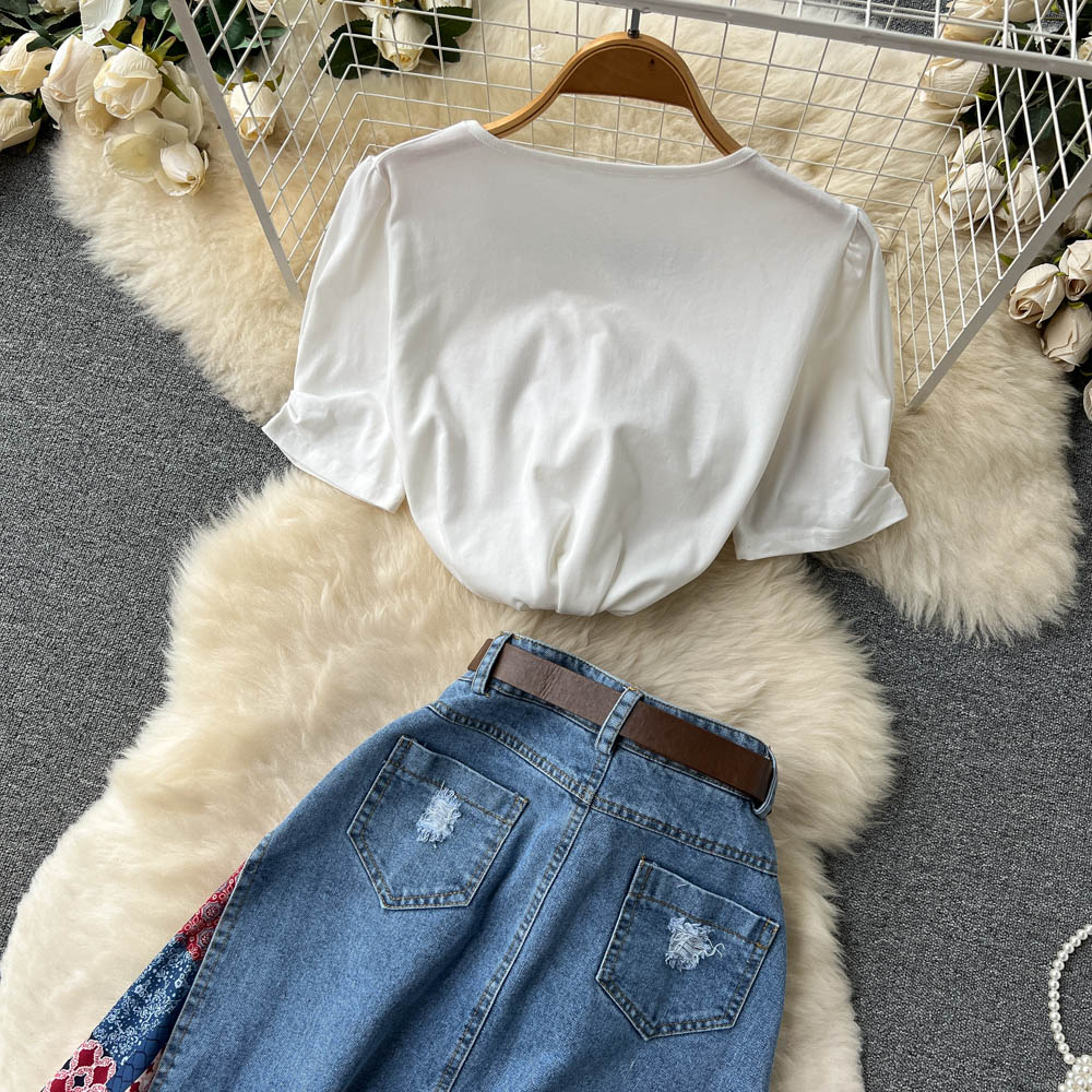 Unique fashion denim skirt puff sleeve V-neck tops 2pcs set