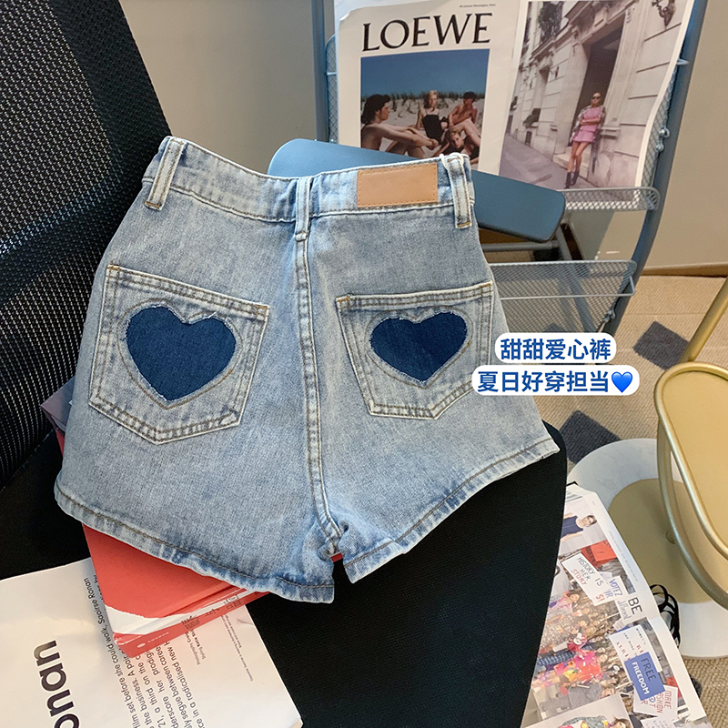 Retro pocket summer pants straight slim heart short jeans