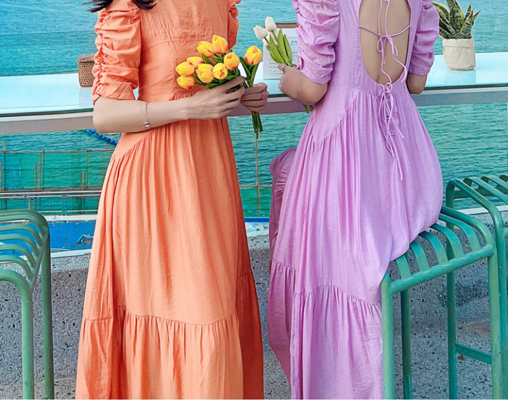 Short sleeve pink frenum long dress halter spring dress