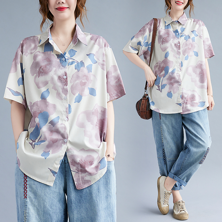 Art cotton linen lapel cardigan short sleeve slim fat sun shirt