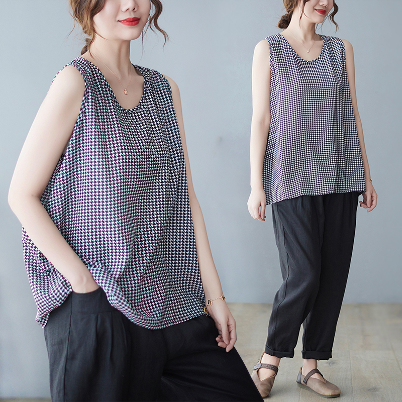 Houndstooth pattern sling vest Casual loose T-shirt
