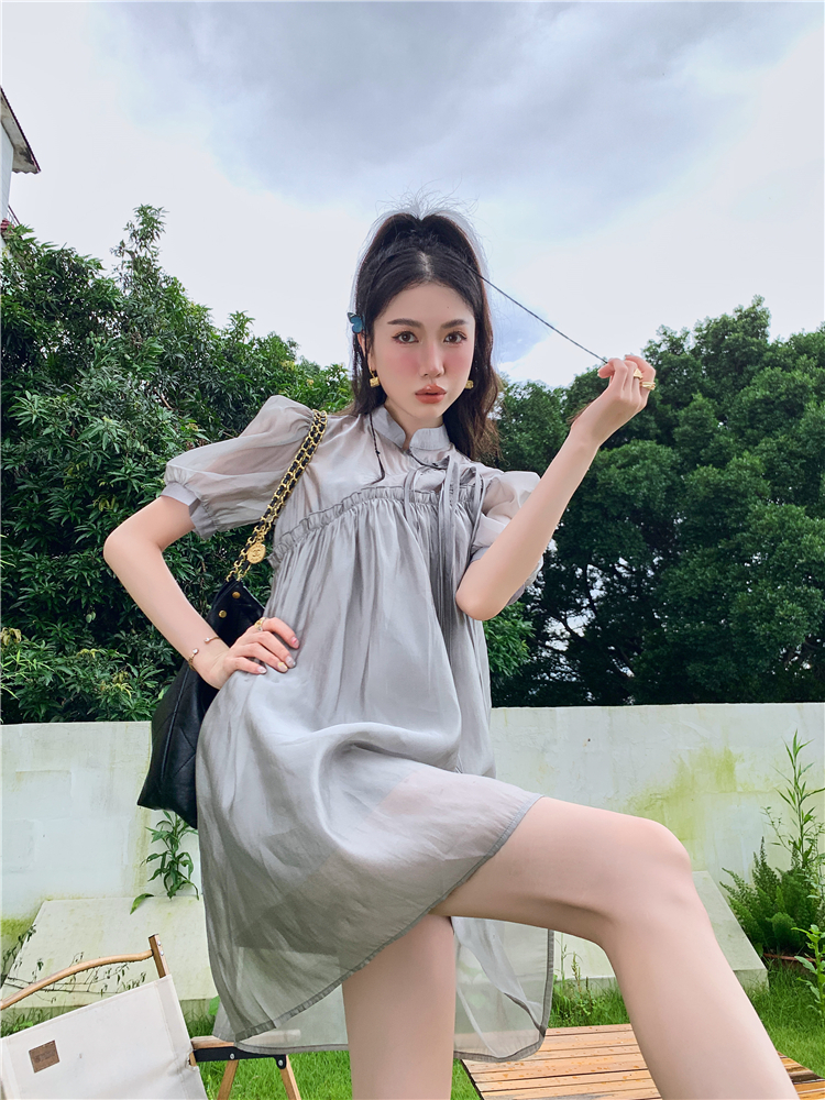 Sweet cstand collar dress Chinese style puff sleeve tops