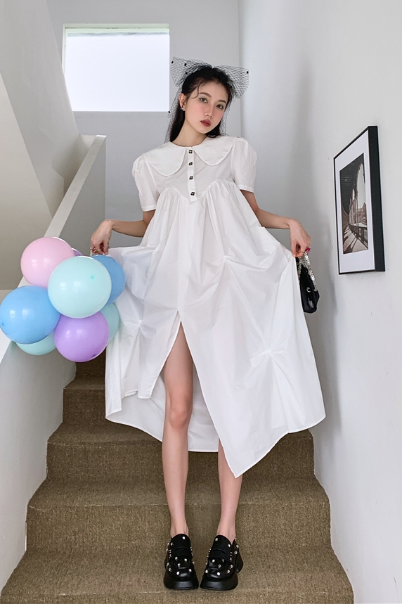 Doll collar irregular white long dress split slim dress