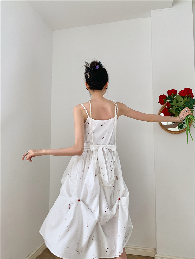 White unique strap dress pinched waist artistic dress