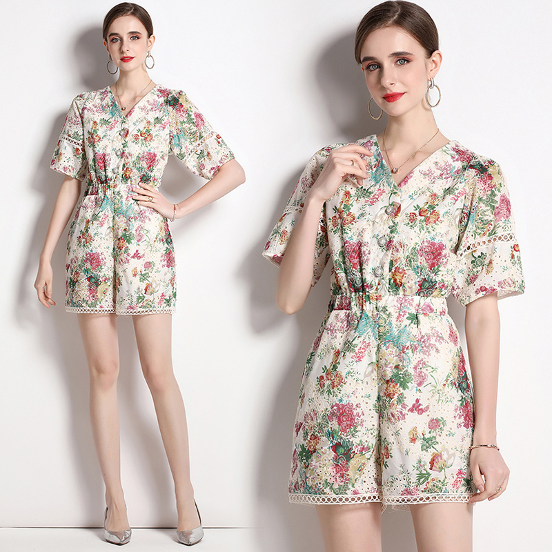 Vacation embroidered flowers hollow jumpsuit for women