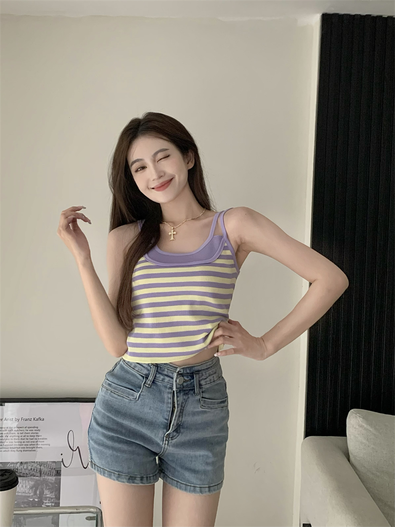 Pseudo-two sling vest summer stripe tops for women