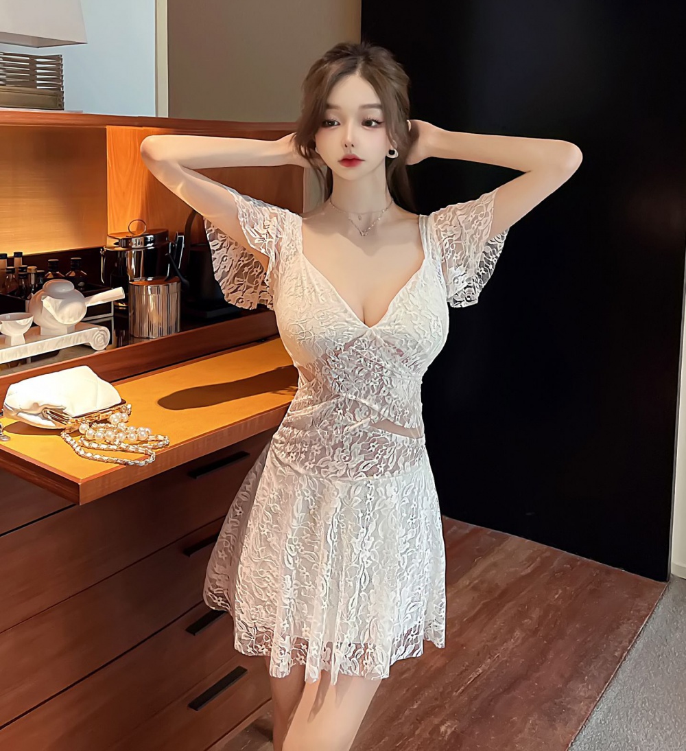 Lace pinched waist low-cut perspective sexy slim dress