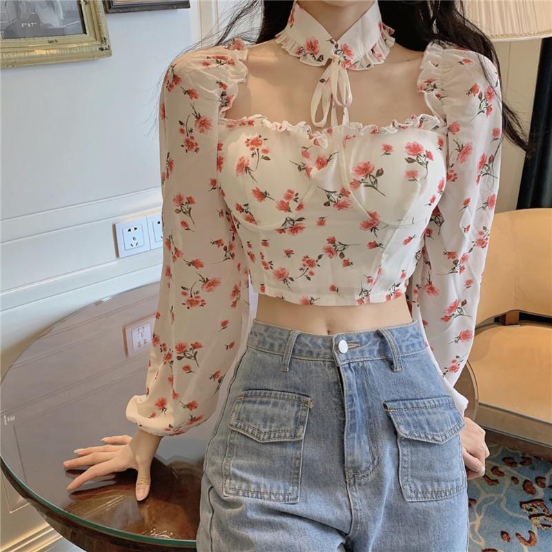 Long sleeve floral halter short shirt for women