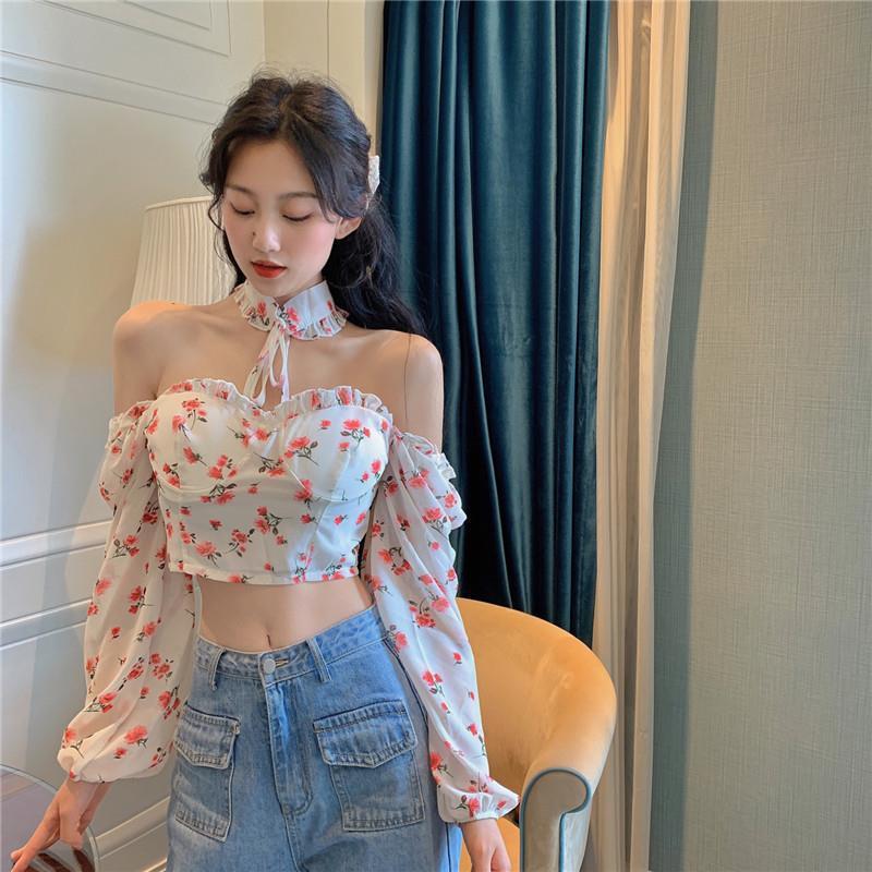 Long sleeve floral halter short shirt for women