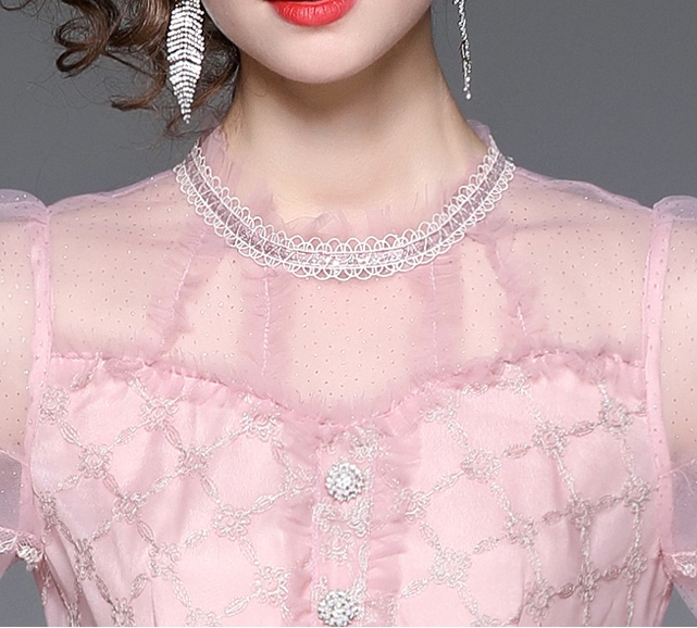 Light pink embroidery high waist temperament slim dress