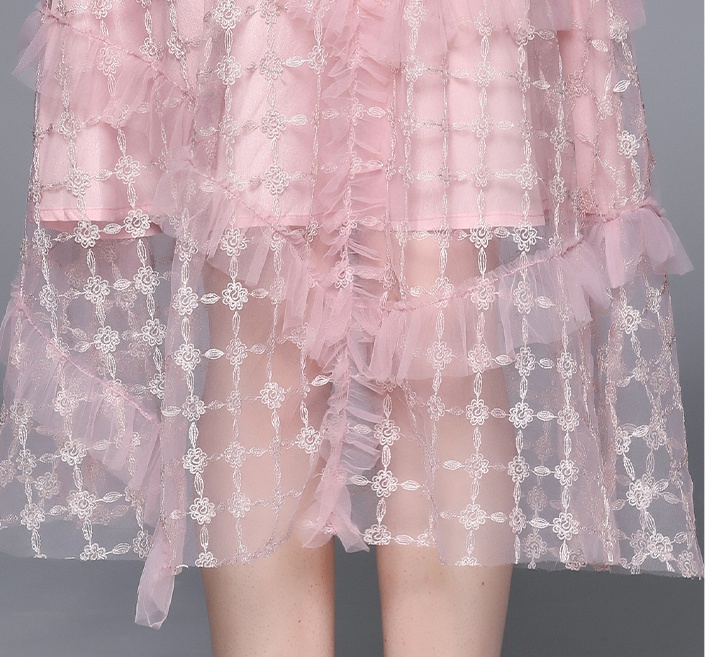 Light pink embroidery high waist temperament slim dress