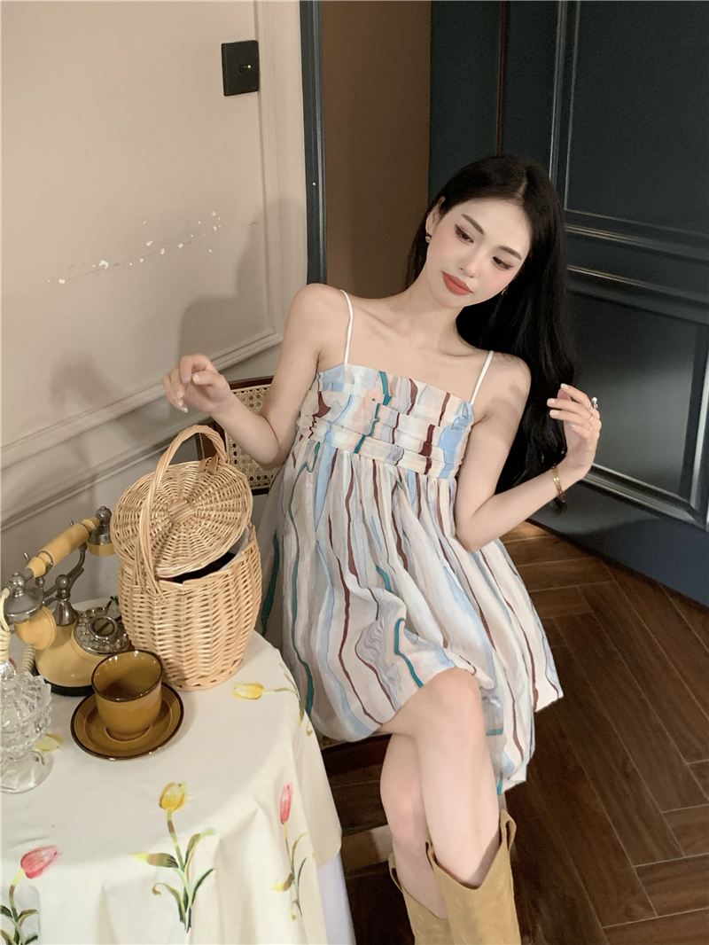 Sling wrapped chest summer dress stripe bow T-back