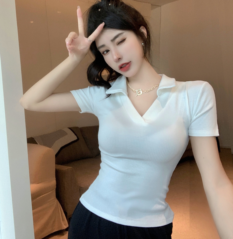 V-neck slim tops high elastic pure shirts for women