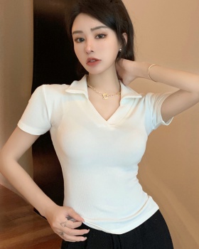 V-neck slim tops high elastic pure shirts for women