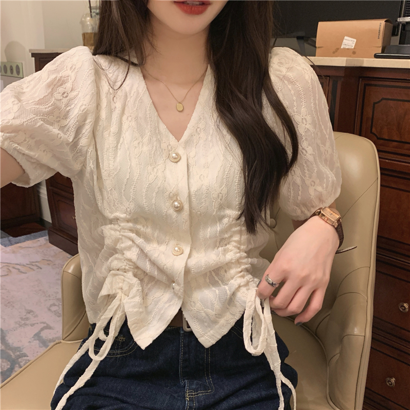Lace unique short sleeve shirt apricot V-neck tops