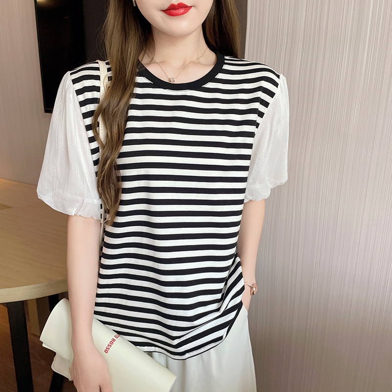 Splice summer puff sleeve stripe T-shirt for women
