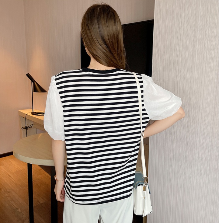 Splice summer puff sleeve stripe T-shirt for women