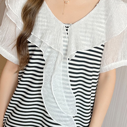 Retro summer tops stripe puff sleeve T-shirt for women