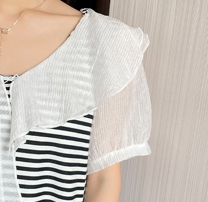 Retro summer tops stripe puff sleeve T-shirt for women