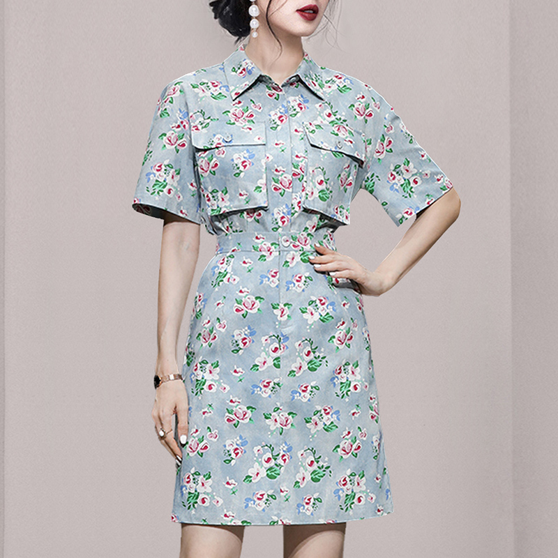 High waist lapel pocket skirt summer printing tops 2pcs set