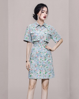 High waist lapel pocket skirt summer printing tops 2pcs set